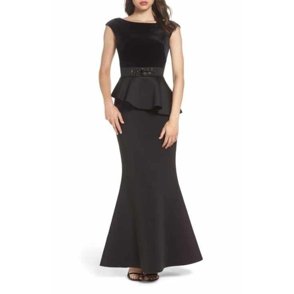 Eliza J Velvet Peplum Gown Embellished Belt Scuba Mermaid Maxi Dress Black 4